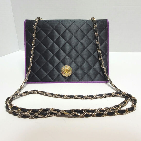 Lisette Black Quilted Evening Bag Purse Crossbody Clutch with Purple Trim - Picture 1 of 12